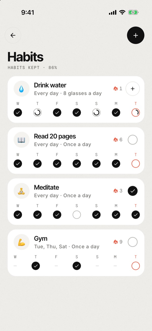 The Habits screen with streaks and the last seven days for each habit